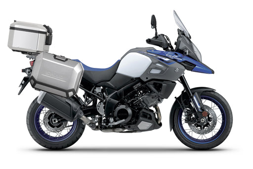 SHAD aluminum top case & panniers - side view - motorcycle luggage set on Suzuki VStrom 650 / XT.