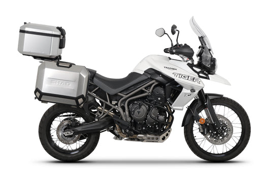 SHAD silver aluminum top case & panniers - side view - luggage set on Triumph Tiger 800.
