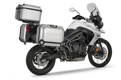 SHAD silver aluminum top case & panniers - lateral view - luggage set on Triumph Tiger 800.