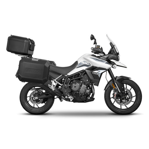 SHAD black aluminum top case & panniers - side view - luggage set on Triumph Tiger 1200.
