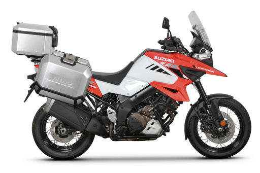 SHAD aluminum top case & panniers - side view - motorcycle luggage set on Suzuki VStrom 1050 / XT.