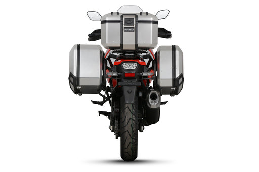 SHAD aluminum top case & panniers - rear view - motorcycle luggage set on Suzuki VStrom 1050 / XT.