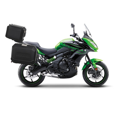 SHAD black aluminum top case & panniers - side view - motorcycle luggage set on Kawasaki Versys 650.