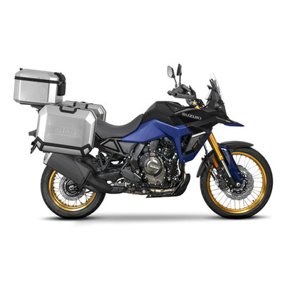 SHAD aluminum top case & panniers - side view - motorcycle luggage set on Suzuki VStrom 800 DE.