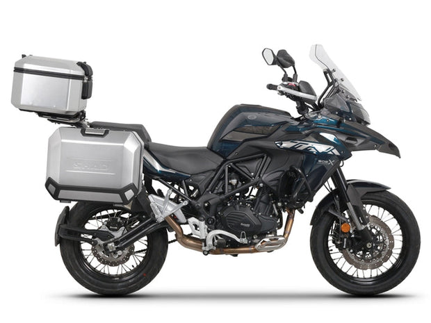 SHAD aluminum top case & panniers on Benelli TRK 502X - side view- adventure motorcycle luggage set.