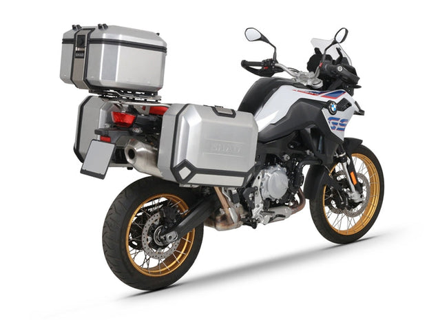 SHAD aluminum top case & panniers on BMW F750GS - lateral view - adv motorcycle luggage set.