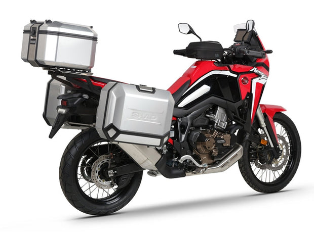 SHAD aluminum top case & panniers - lateral view - luggage set on Honda Africa Twin CRF1100L.