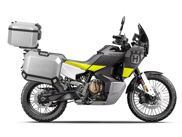 SHAD aluminum top case & panniers - side view - motorcycle luggage set on Husqvarna Norden 901.